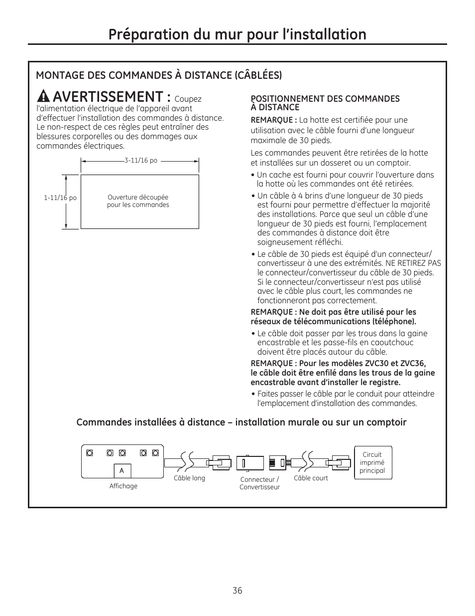 Montage des commandes à distance (câblées) | GE ZVC42LSS User Manual | Page 36 / 68