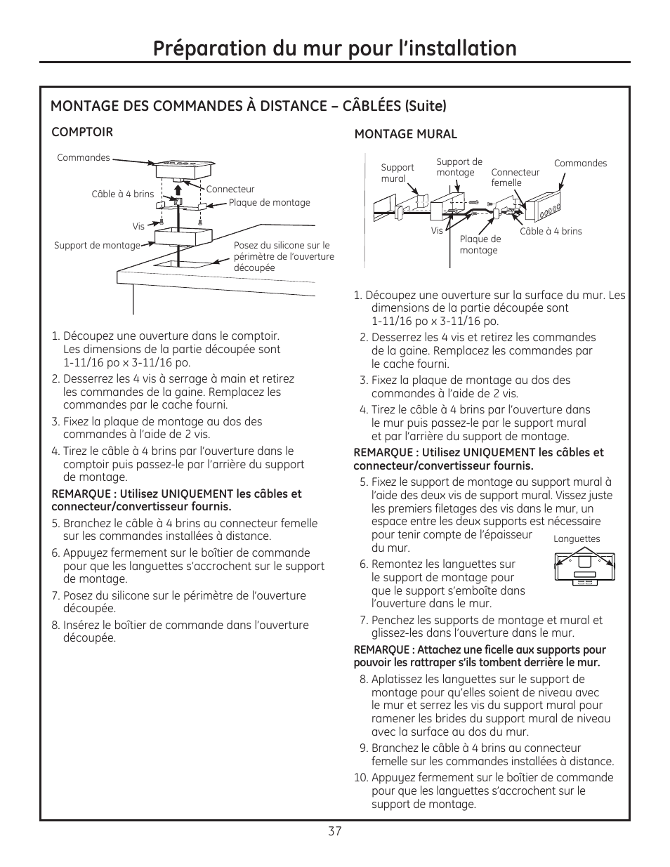 Préparation du mur pour l’installation, Montage des commandes à distance – câblées (suite) | GE ZVC42LSS User Manual | Page 37 / 68