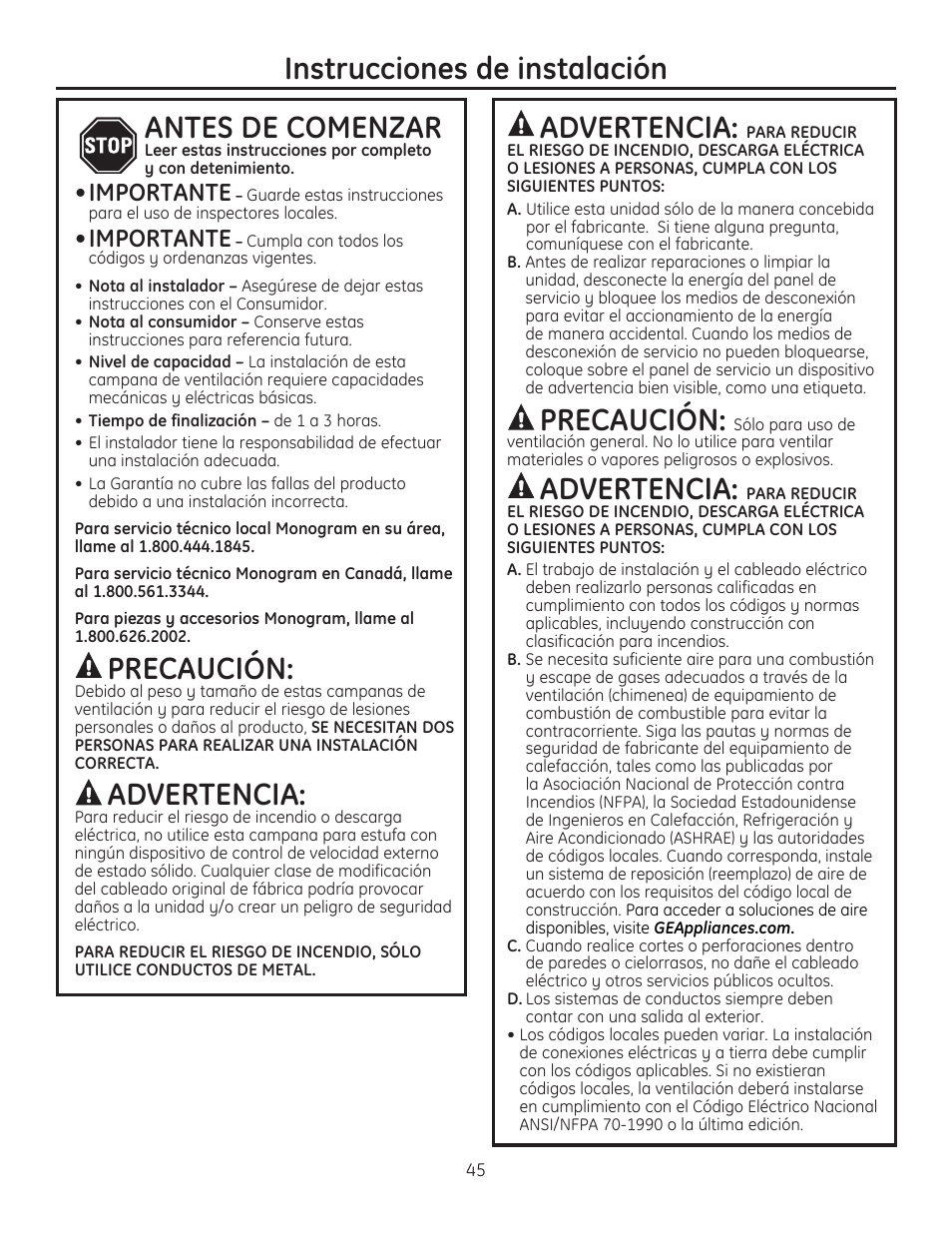 Instrucciones de instalación advertencia, Precaución, Advertencia | Antes de comenzar, Importante | GE ZVC42LSS User Manual | Page 45 / 68