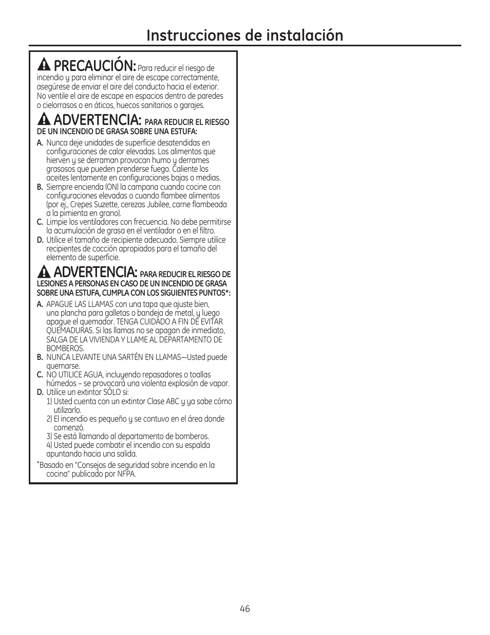 Instrucciones de instalación precaución, Advertencia | GE ZVC42LSS User Manual | Page 46 / 68