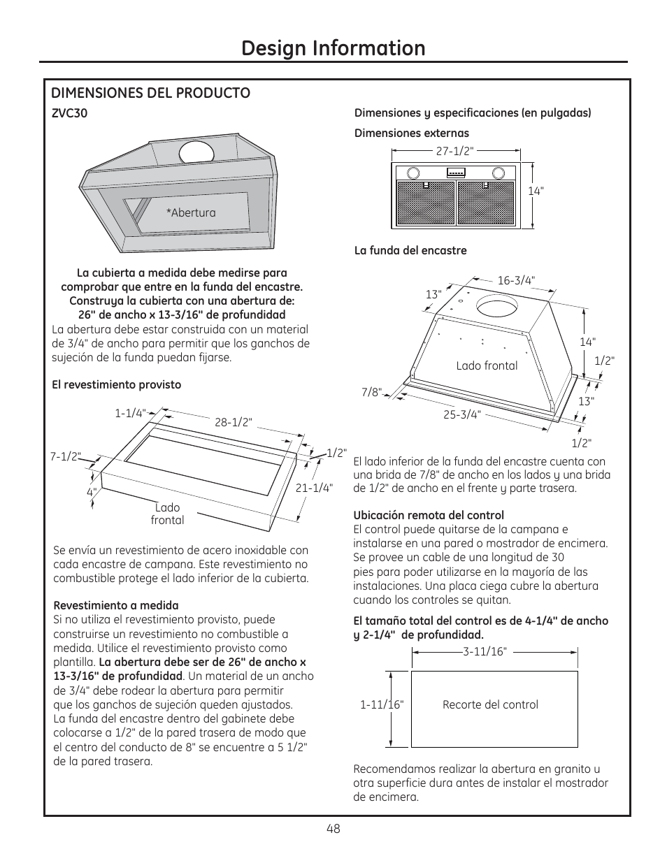Design information, Dimensiones del producto | GE ZVC42LSS User Manual | Page 48 / 68
