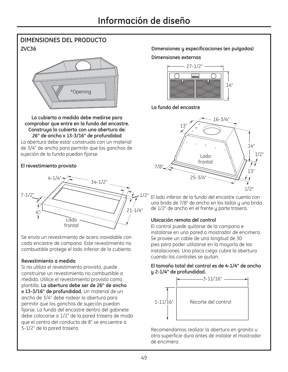 Información de diseño, Dimensiones del producto | GE ZVC42LSS User Manual | Page 49 / 68