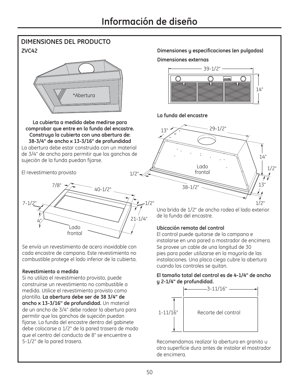 Información de diseño, Dimensiones del producto | GE ZVC42LSS User Manual | Page 50 / 68