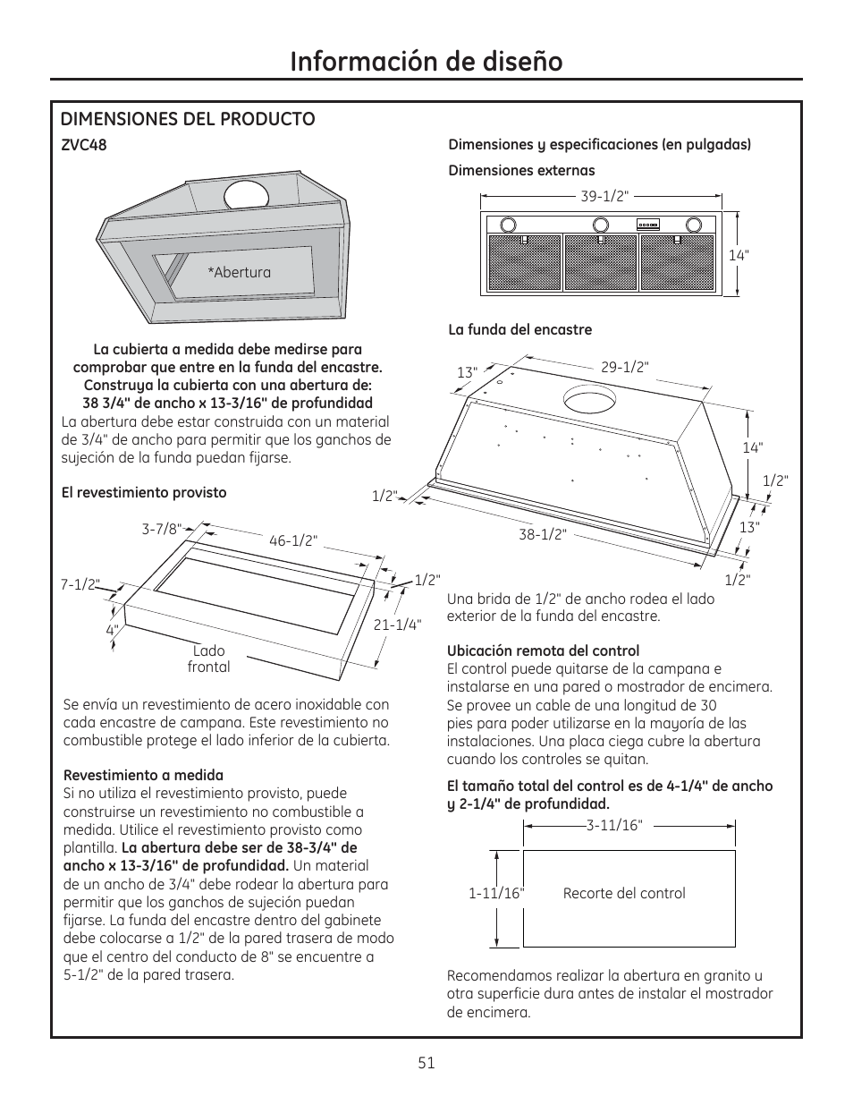 Información de diseño, Dimensiones del producto | GE ZVC42LSS User Manual | Page 51 / 68