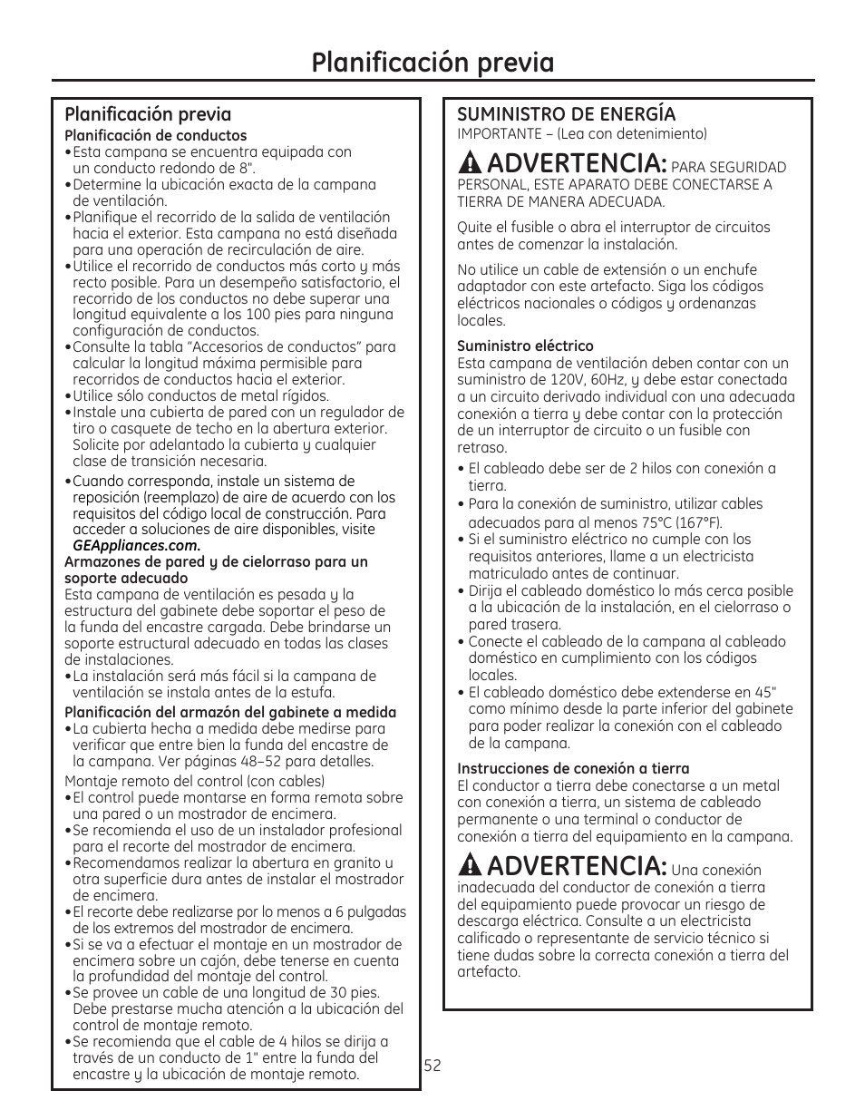 Planificación previa, Advertencia, Suministro de energía | GE ZVC42LSS User Manual | Page 52 / 68