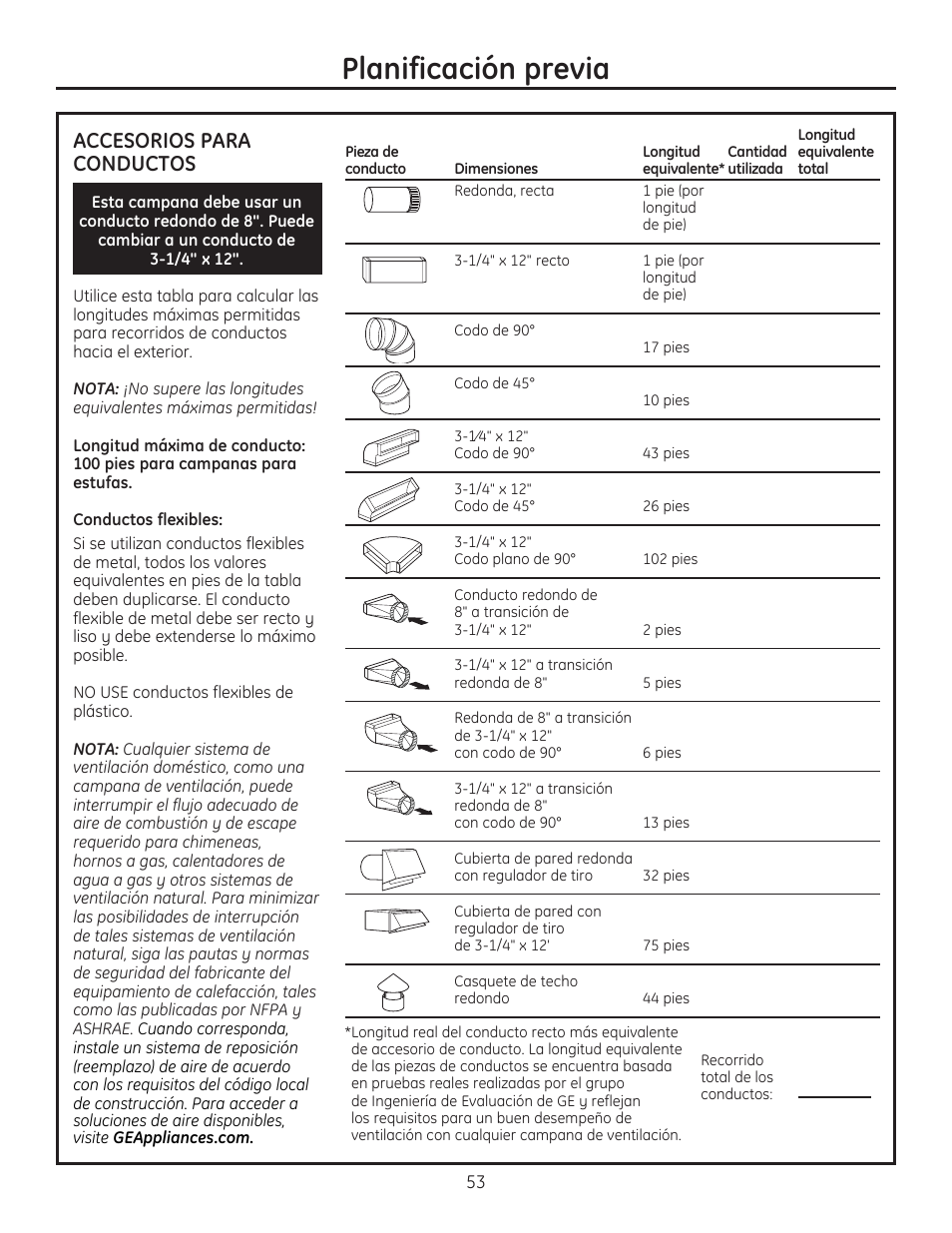 Planificación previa, Accesorios para conductos | GE ZVC42LSS User Manual | Page 53 / 68
