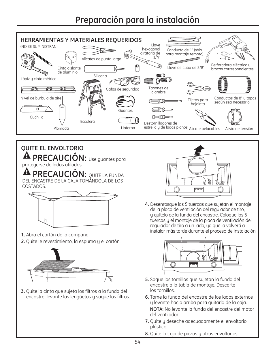 Preparación para la instalación, Precaución, Herramientas y materiales requeridos | Quite el envoltorio | GE ZVC42LSS User Manual | Page 54 / 68