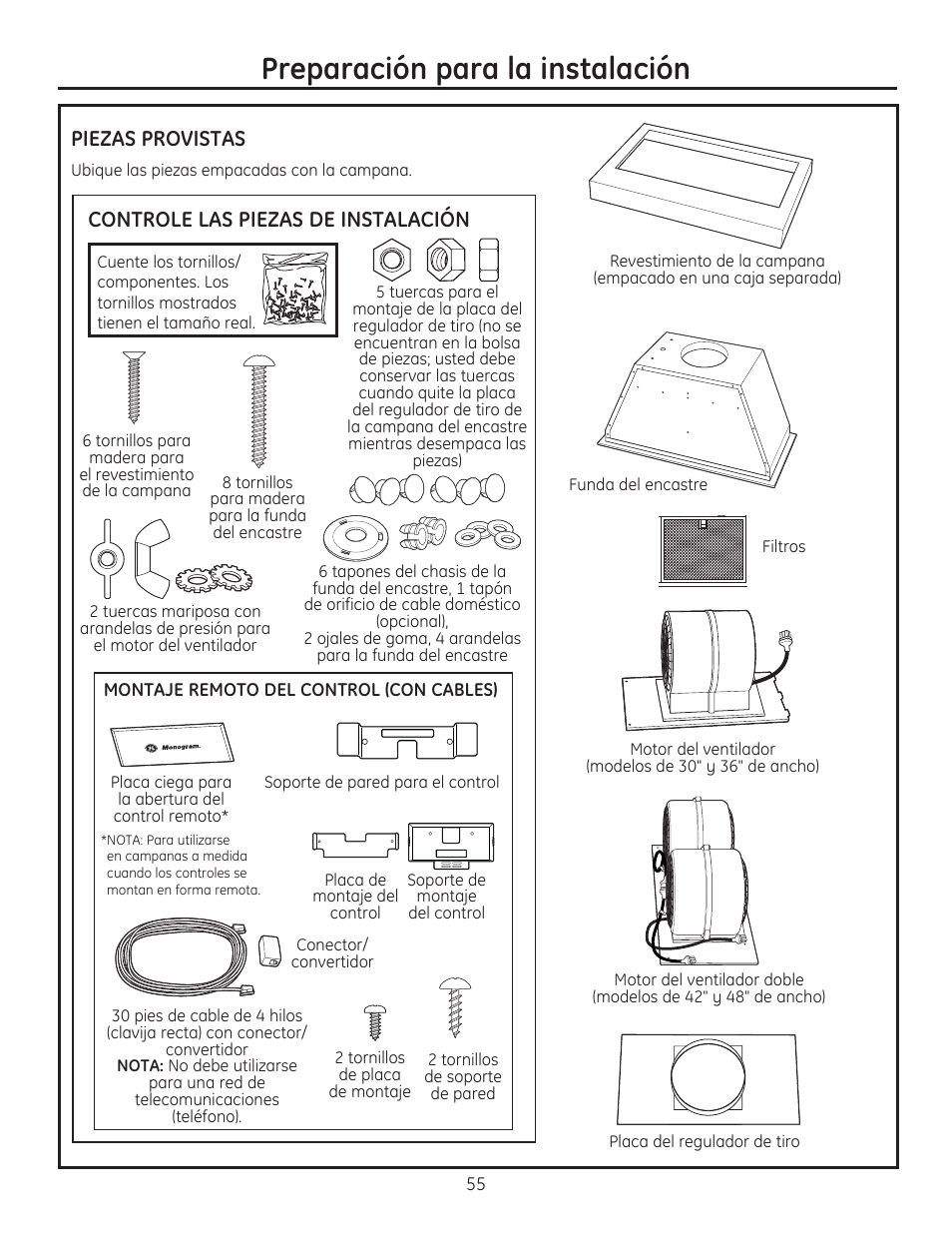 Preparación para la instalación, Piezas provistas, Controle las piezas de instalación | GE ZVC42LSS User Manual | Page 55 / 68