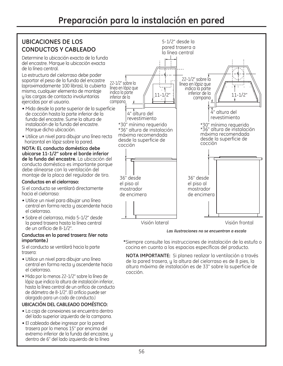 Preparación para la instalación en pared, Ubicaciones de los conductos y cableado | GE ZVC42LSS User Manual | Page 56 / 68