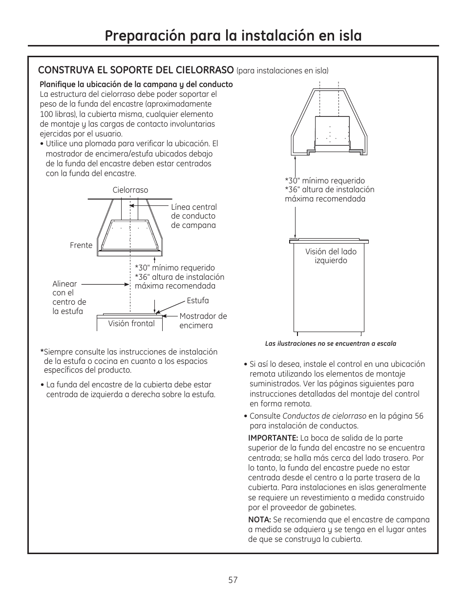 Preparación para la instalación en isla, Construya el soporte del cielorraso | GE ZVC42LSS User Manual | Page 57 / 68