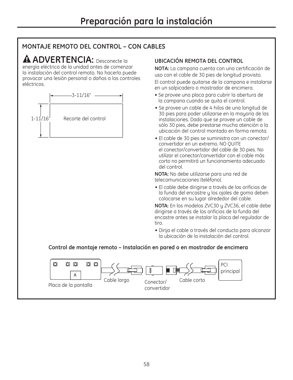 Preparación para la instalación advertencia, Montaje remoto del control – con cables | GE ZVC42LSS User Manual | Page 58 / 68