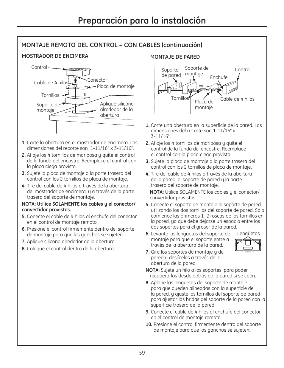 Preparación para la instalación | GE ZVC42LSS User Manual | Page 59 / 68