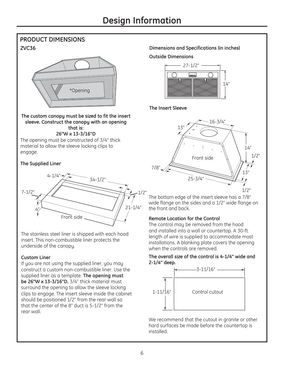 Design information, Product dimensions | GE ZVC42LSS User Manual | Page 6 / 68