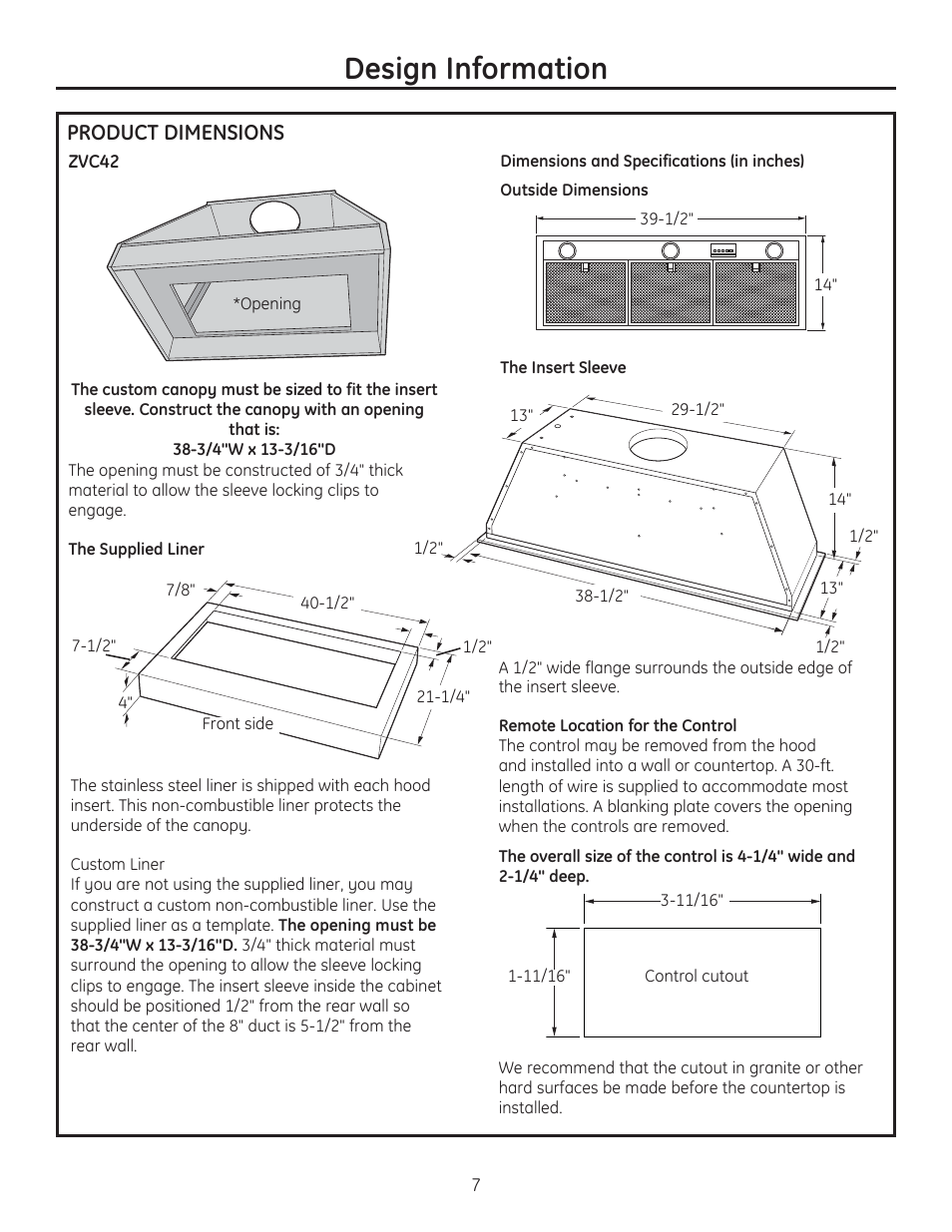 Design information, Product dimensions | GE ZVC42LSS User Manual | Page 7 / 68
