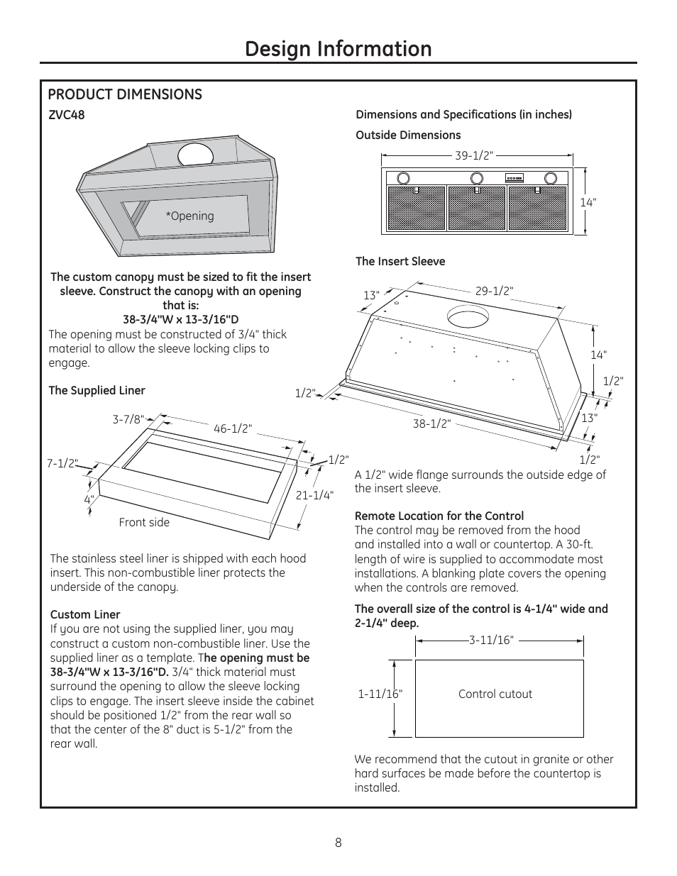 Design information, Product dimensions | GE ZVC42LSS User Manual | Page 8 / 68
