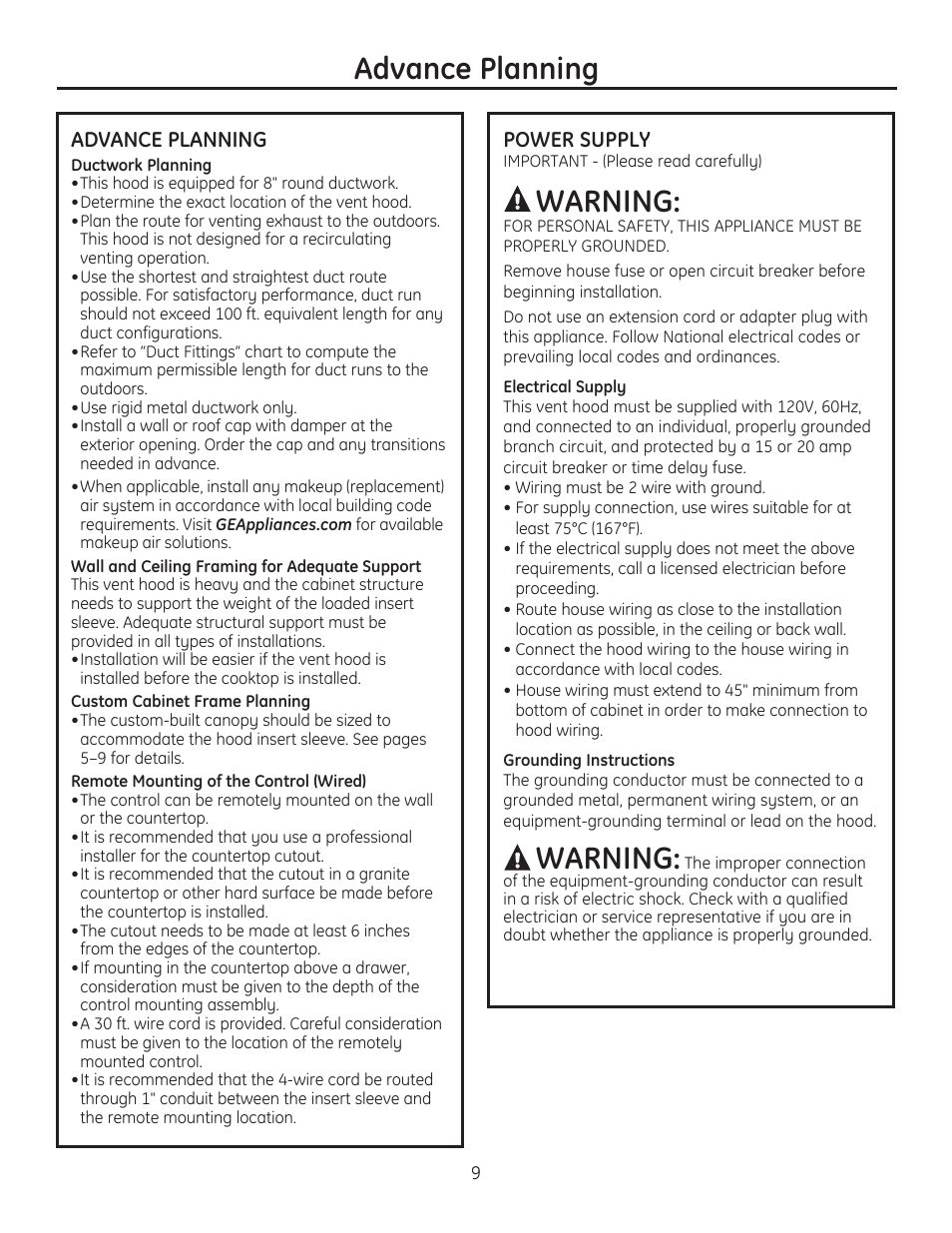 Advance planning, Warning | GE ZVC42LSS User Manual | Page 9 / 68
