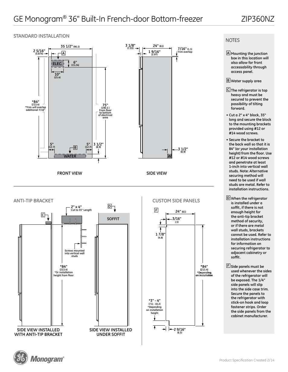 Zip360nz ge monogram, 36" built-in french-door bottom-freezer, Zip360nz | GE ZIP360NZ User Manual | Page 2 / 4