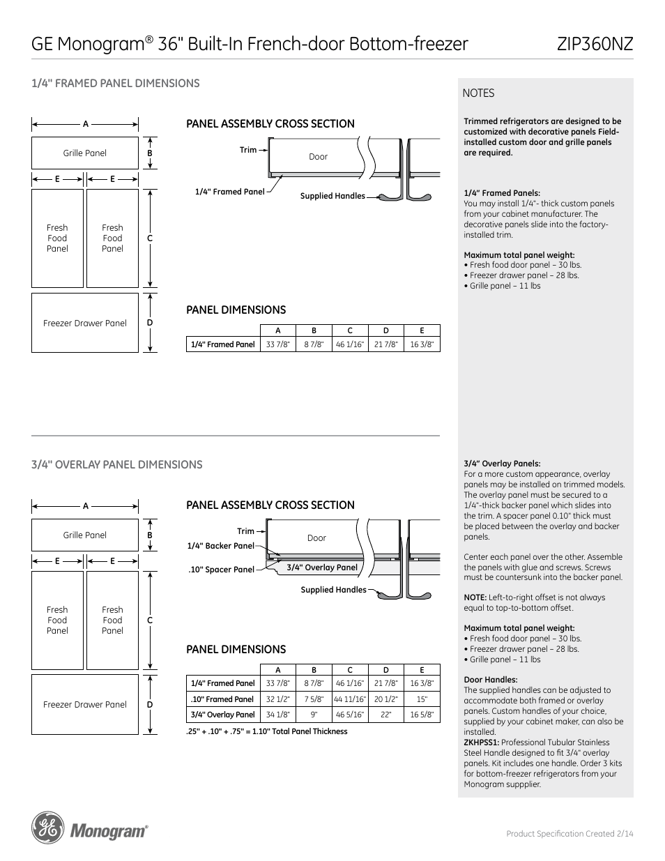Ge monogram, 36" built-in french-door bottom-freezer, Zip360nz | 1/4" framed panel dimensions | GE ZIP360NZ User Manual | Page 3 / 4