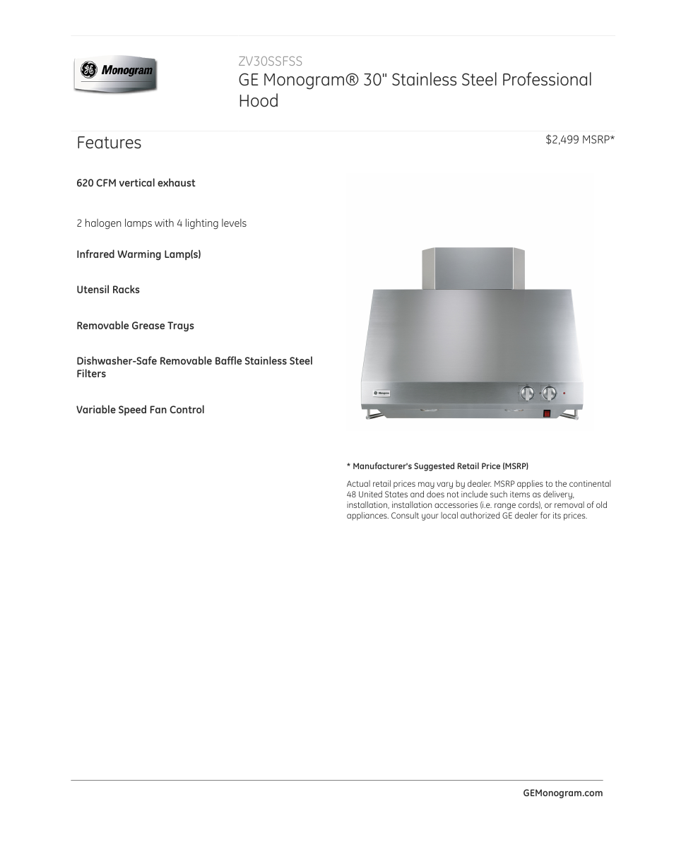 GE ZV30SSFSS User Manual | 3 pages