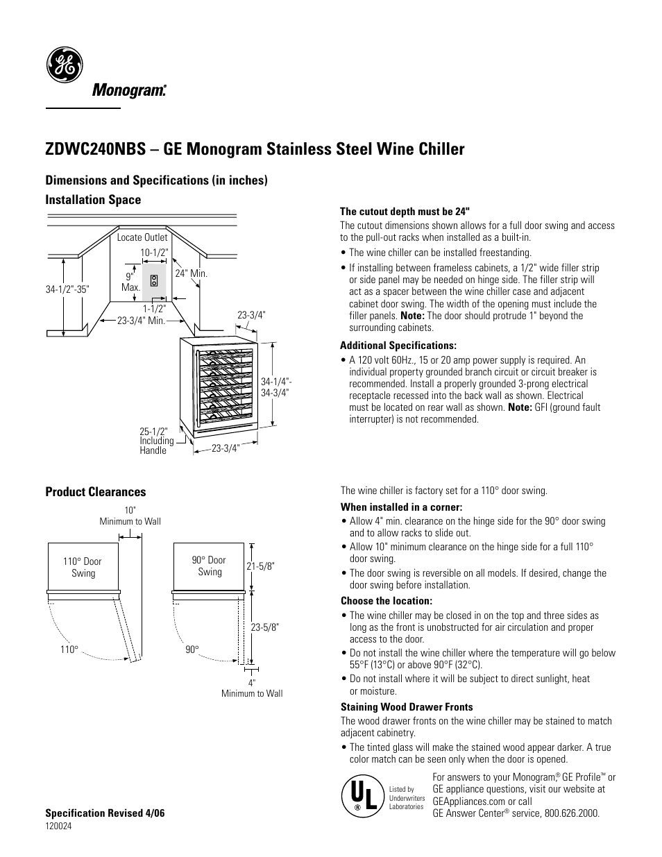 GE ZDWC240NBS User Manual | 3 pages