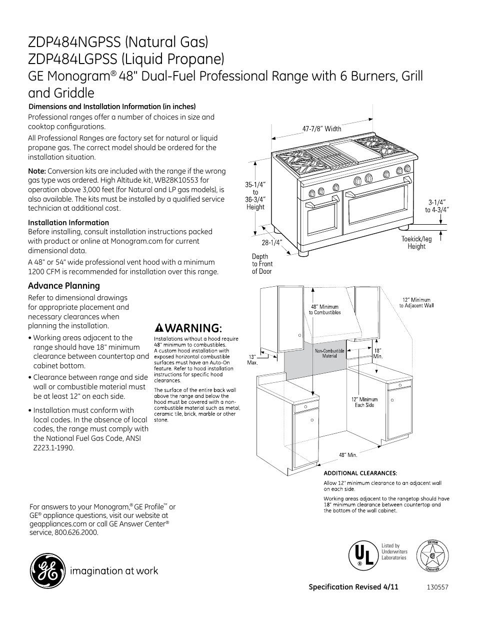 GE ZDP484NGPSS User Manual | 3 pages