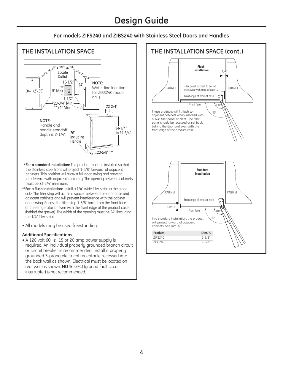 The installation space, Design guide | GE ZIBS240PSS User Manual | Page 4 / 12
