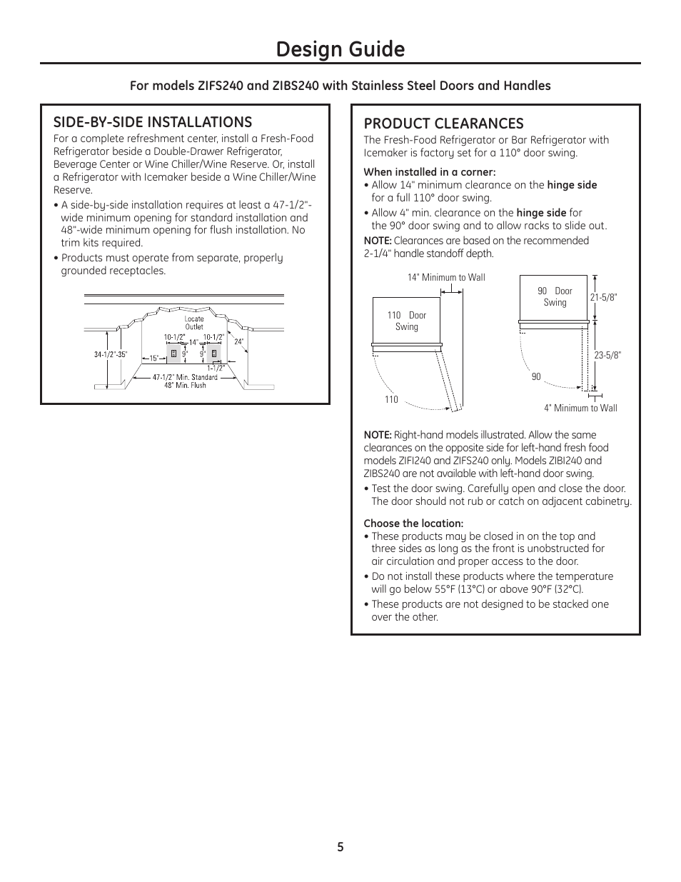 Side-by-side installations, Product clearances, Design guide | GE ZIBS240PSS User Manual | Page 5 / 12