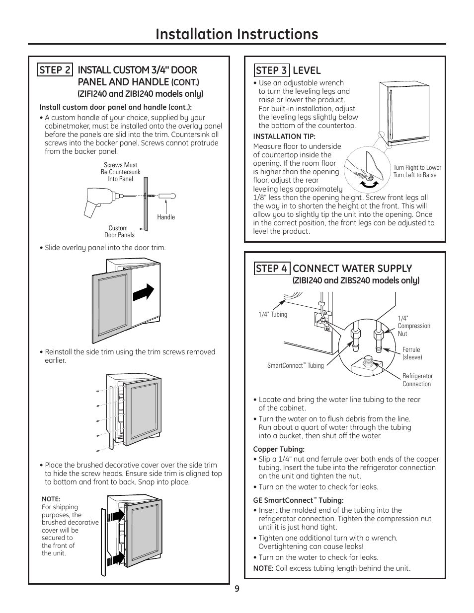 Step 3, leveling, Installation instructions, Step 3 level | Step 4 connect water supply, Step 2 install custom 3/4" door panel and handle | GE ZIBS240PSS User Manual | Page 9 / 12
