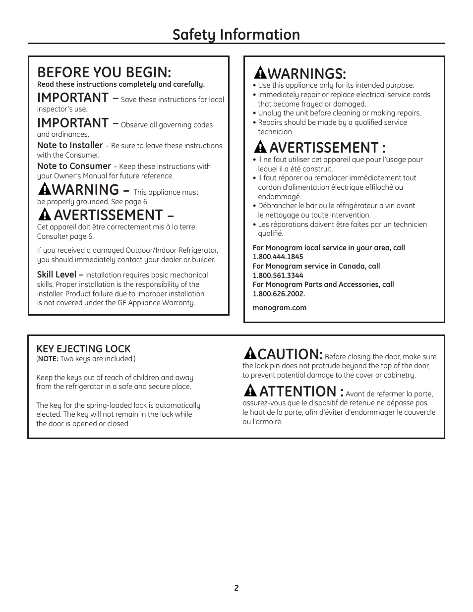 Safety information, Before you begin, Warning | Avertissement, Warnings, Caution, Attention, Important | GE ZDOD240PSS User Manual | Page 2 / 8