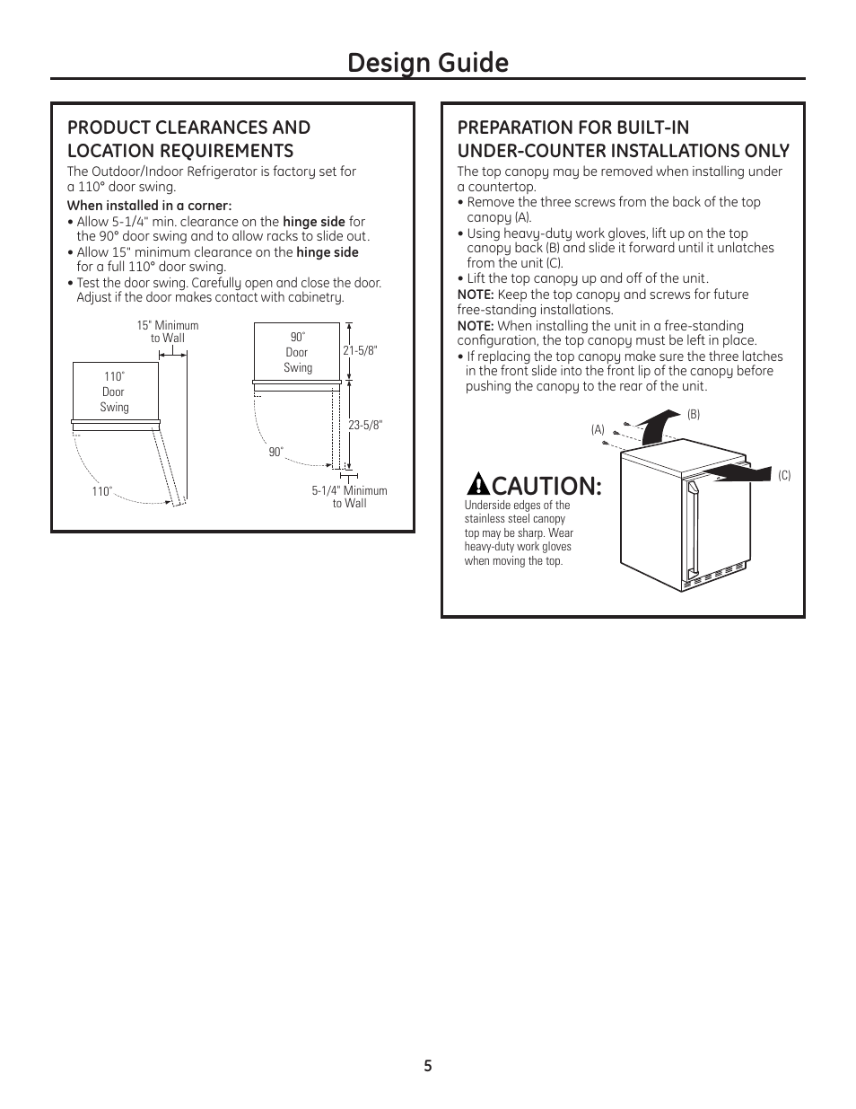 Product clearances and location requirements, Design guide, Caution | GE ZDOD240PSS User Manual | Page 5 / 8