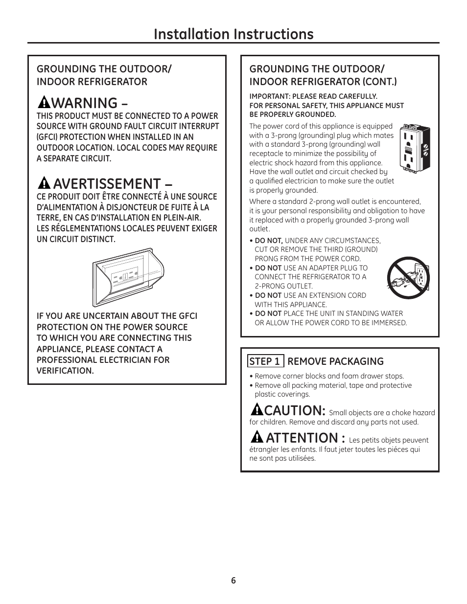 Grounding the product, Step 1, remove packaging, Grounding the product step 1, remove packaging | Installation instructions, Warning, Avertissement, Caution, Attention | GE ZDOD240PSS User Manual | Page 6 / 8