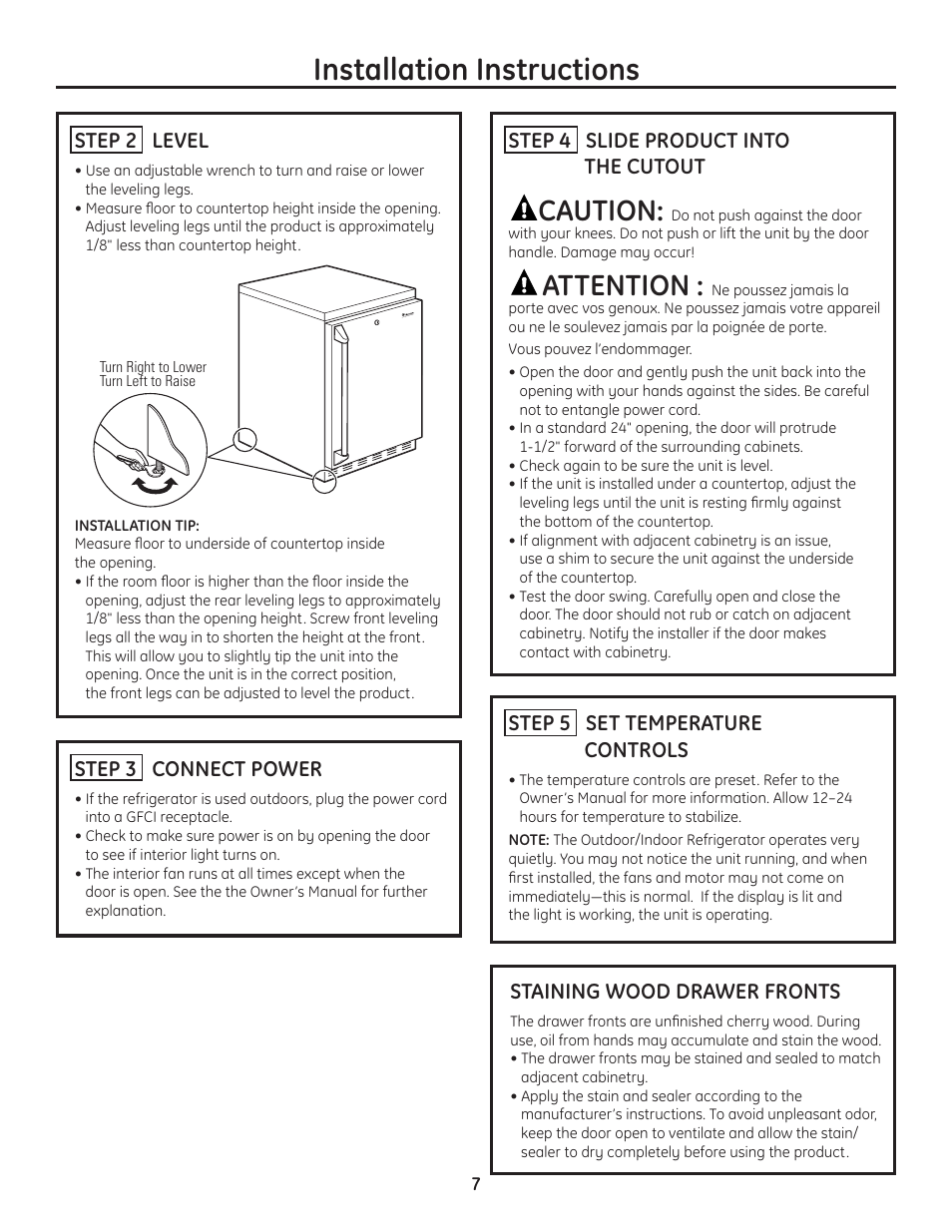Step 2, level, Step 3, connect power, Step 4, slide product into cutout | Step 5, set temperature controls, Staining wood drawer fronts, Installation instructions, Caution, Attention, Step 5 set temperature controls, Step 3 connect power | GE ZDOD240PSS User Manual | Page 7 / 8