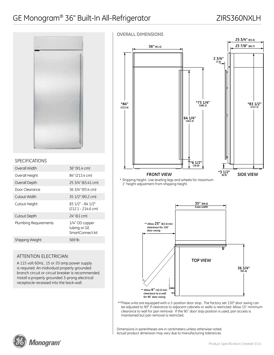 GE ZIRS360NXLH User Manual | 5 pages