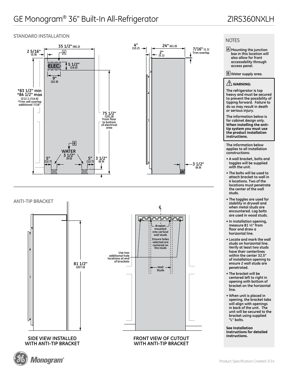 Ge monogram, Zirs360nxlh, Standard installation anti-tip bracket | Side view front view, Elec, Side view installed with anti-tip bracket, Front view of cutout with anti-tip bracket | GE ZIRS360NXLH User Manual | Page 2 / 5