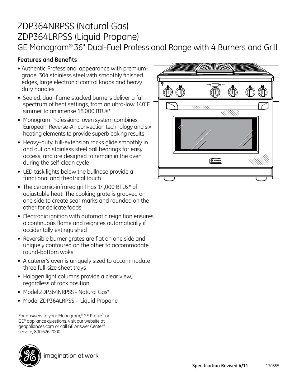 Ge monogram, Zdp364, Features and benefits | GE ZDP364NRPSS User Manual | Page 3 / 3