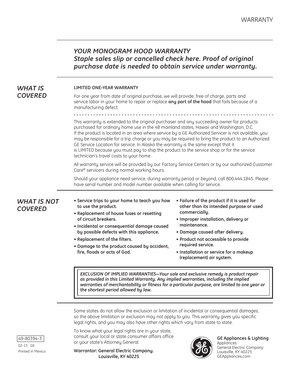 What is not covered | GE ZV54ISHSS User Manual | Page 12 / 12