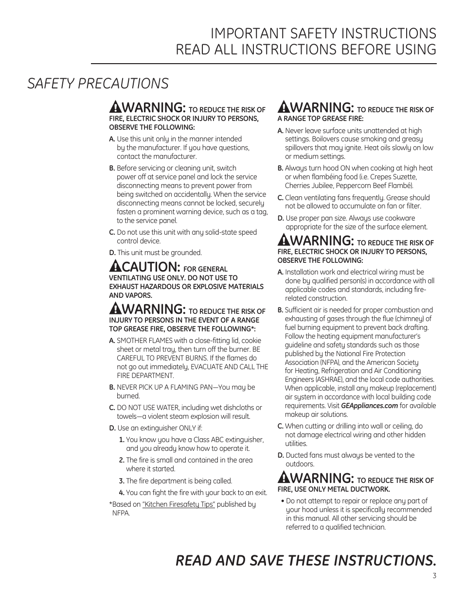 Warning, Caution | GE ZV54ISHSS User Manual | Page 3 / 12