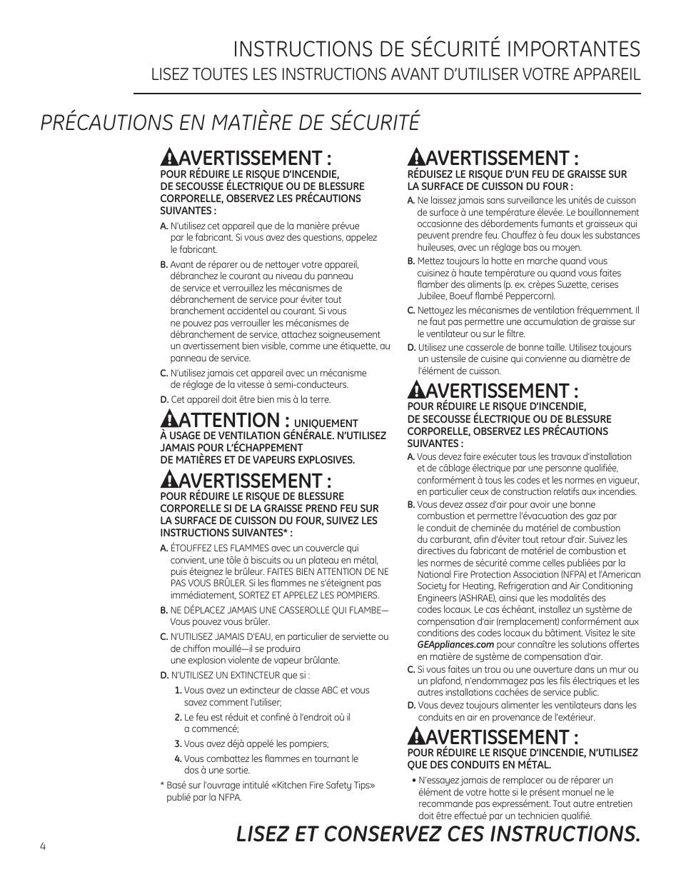 Précautions en matière de sécurité, Avertissement, Attention | GE ZV54ISHSS User Manual | Page 4 / 12