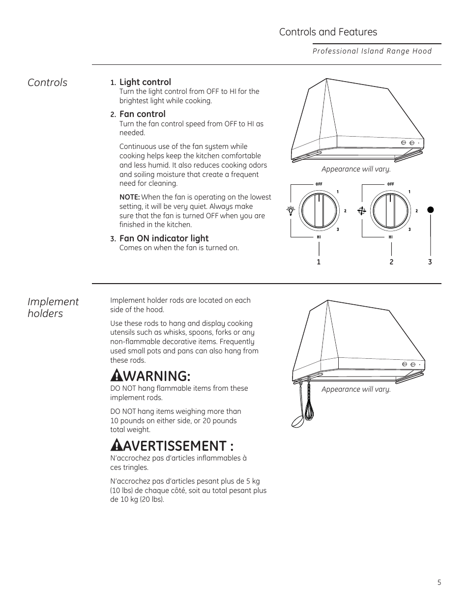 Warning, Avertissement, Controls and features | Controls implement holders | GE ZV54ISHSS User Manual | Page 5 / 12