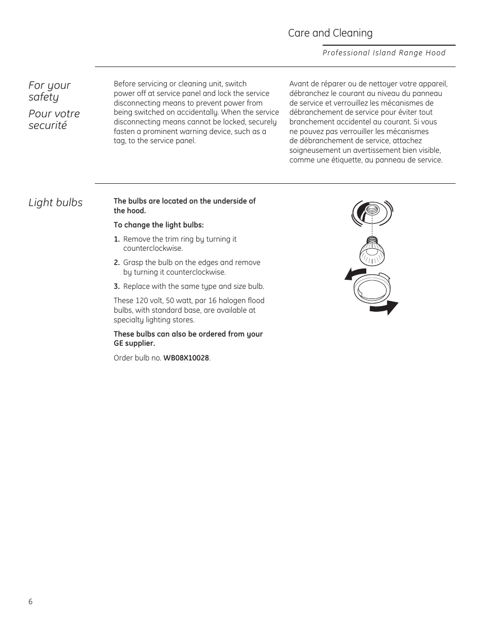 Care and cleaning, For your safety pour votre securité, Light bulbs | GE ZV54ISHSS User Manual | Page 6 / 12