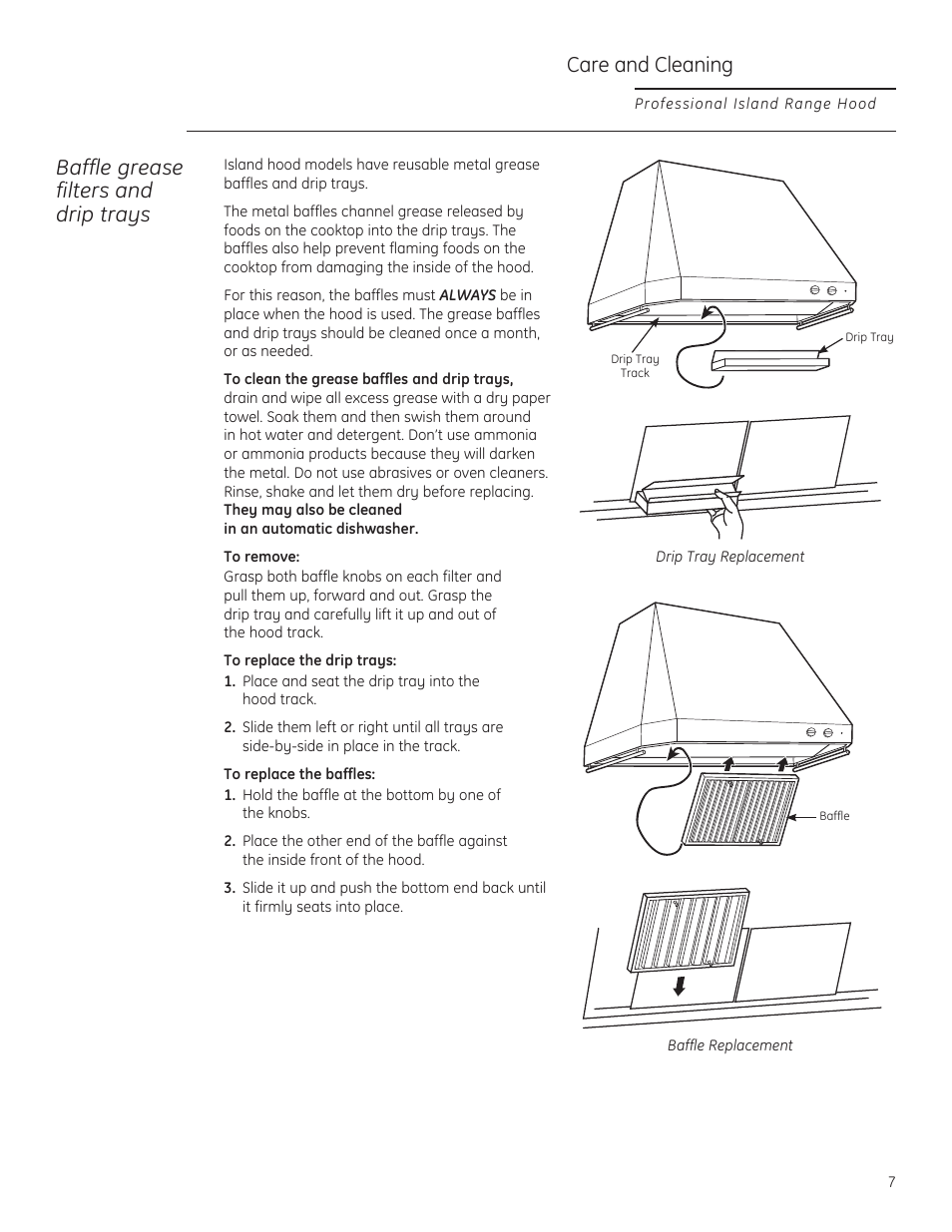 Baffle grease filters and drip trays, Care and cleaning | GE ZV54ISHSS User Manual | Page 7 / 12