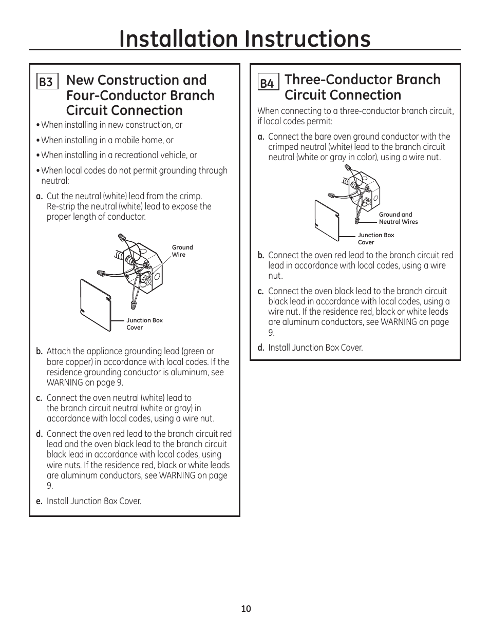 Three-conductor branch circuit connection, Installation instructions | GE ZET1SMSS User Manual | Page 10 / 44
