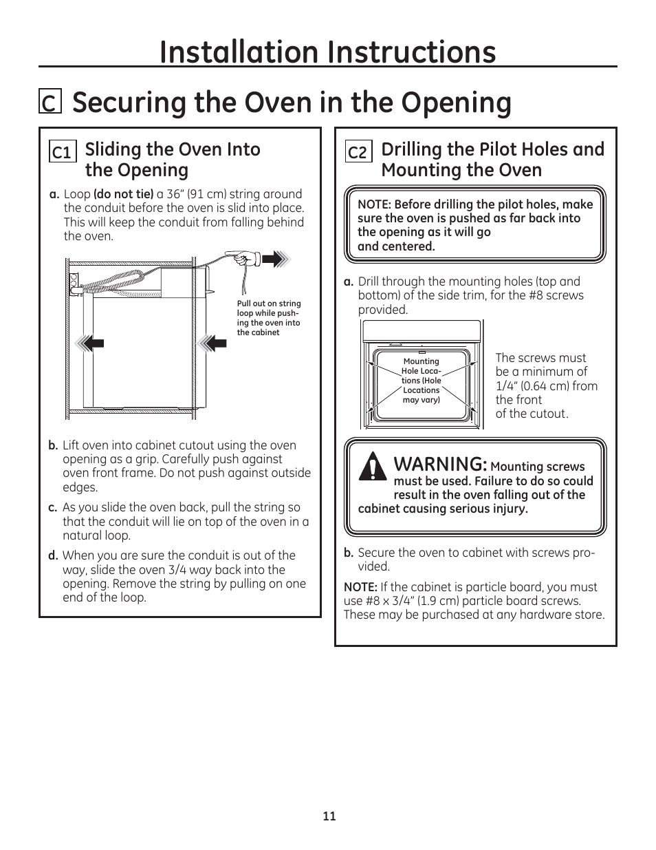 B securing the oven in the opening, Sliding the oven into the opening, Drilling the pilot holes and mounting the oven | Installation instructions, A warning | GE ZET1SMSS User Manual | Page 11 / 44
