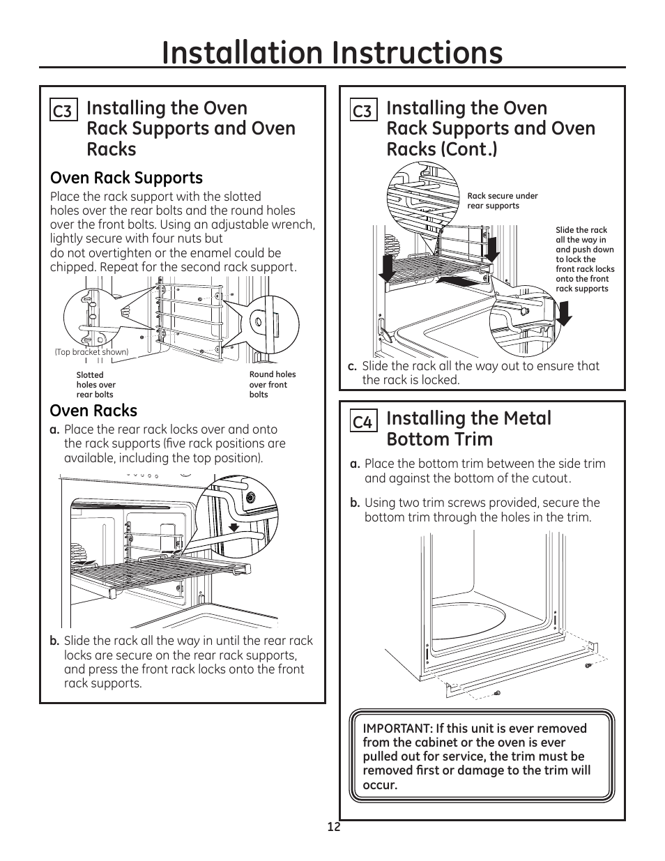 Oven racksupports, Oven racks, Installation instructions | Installing the oven rack supports and oven racks, C4 installingthemetal bottom trim | GE ZET1SMSS User Manual | Page 12 / 44