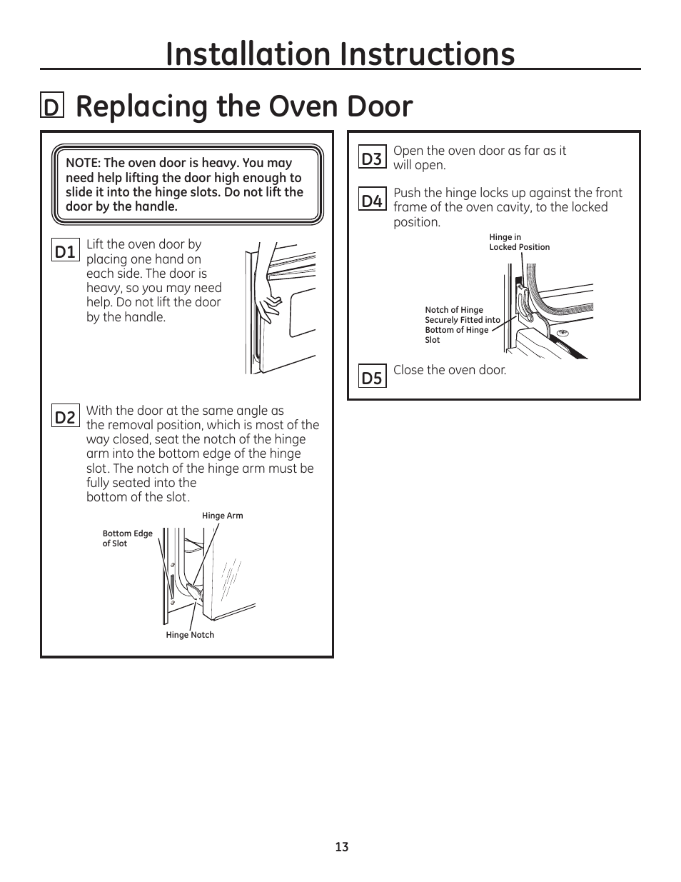 E replacing the oven door, Installation instructions, D1 d2 | D3 d4 | GE ZET1SMSS User Manual | Page 13 / 44