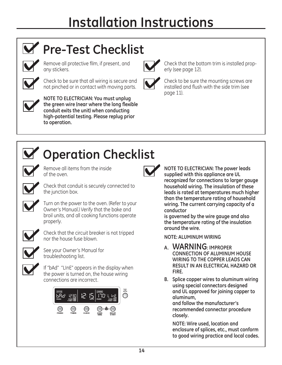 Pre-test checklist, Operation checklist, Installation instructions | Warning | GE ZET1SMSS User Manual | Page 14 / 44