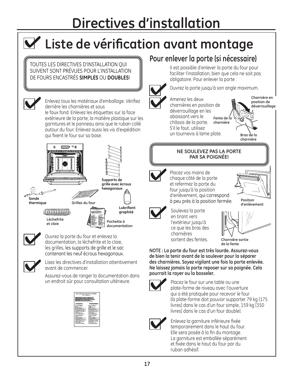 Liste de vérification avant montage, Pour enlever la porte (si nécessaire), Directives d'installation | GE ZET1SMSS User Manual | Page 17 / 44