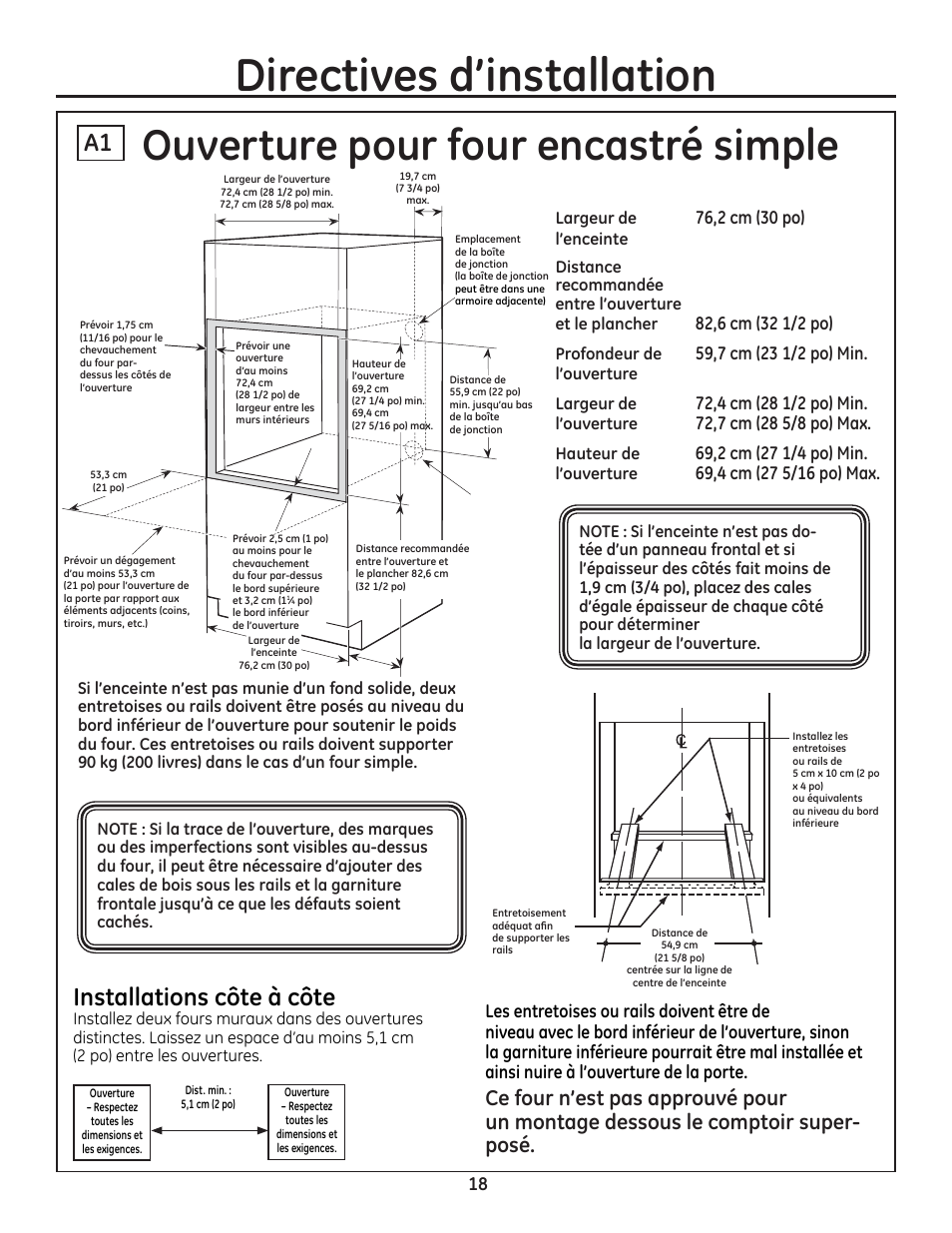 Ouverture pour four encastré simple, Installations côte à côte, Directives d'installation | GE ZET1SMSS User Manual | Page 18 / 44