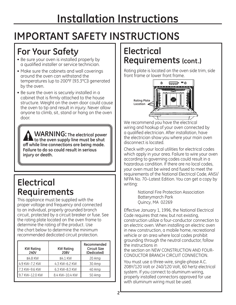 Important safety instructions, For your safety, Electrical | Requirements, Requirements (cont.), Installation instructions, Electrical requirements, Warning, Cont.) | GE ZET1SMSS User Manual | Page 2 / 44