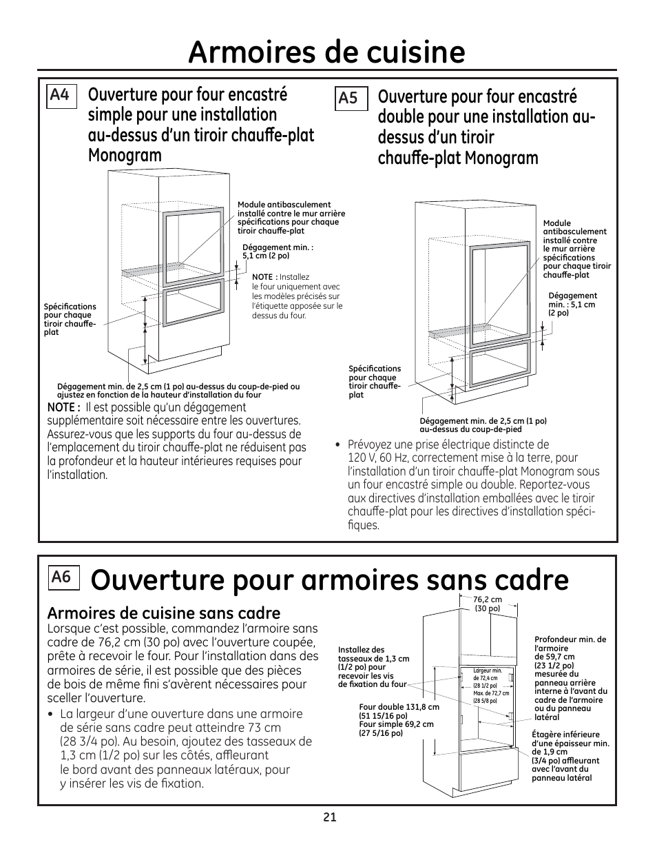 Armoires de cuisine, Ouverture pour armoires sans cadre, Armoires de cuisine sans cadre | GE ZET1SMSS User Manual | Page 21 / 44